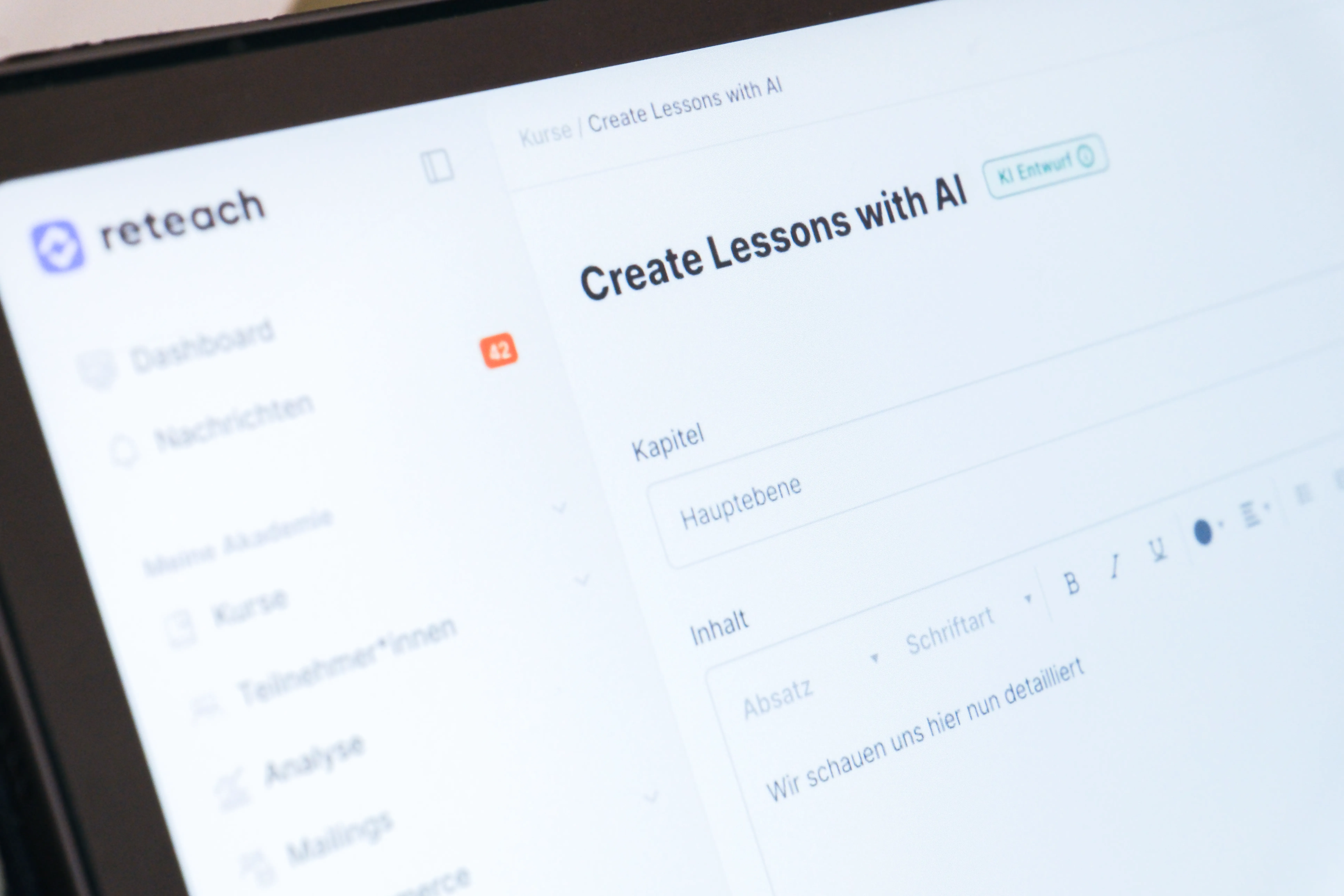 AI-assisted lesson editor showing review tag and editable draft content