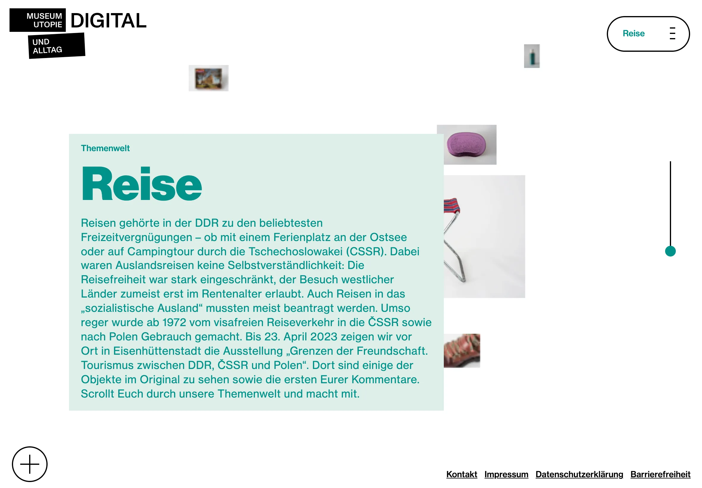 Themenwelt Reise — thematic entry point with editorial context about GDR travel restrictions.